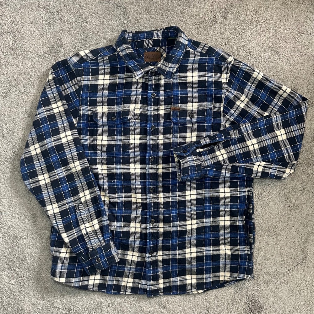 Orvis Flannel Shirt Mens XL Blue Plaid Button Up Heavyweight Long Sleeve Pocket